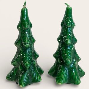 Vintage Lot of 2 Gurley Novelty 5" Green Christmas Tree Candles Glitter MCM Set